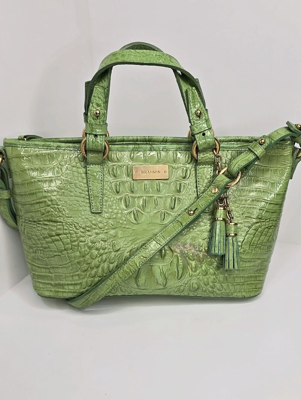 💚▪️Brahmin▪️Mini Asher Vintage Green Croc-Embossed Tote (2 EYES)